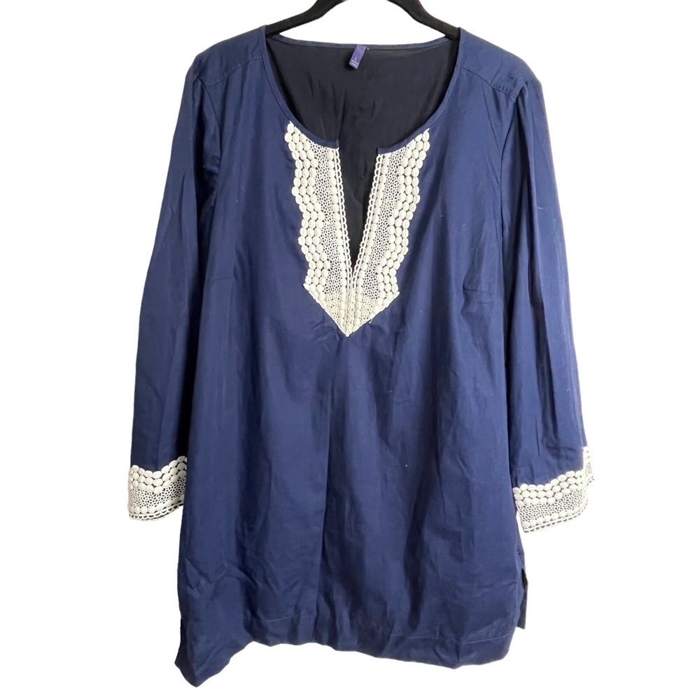 NYDJ Blue Embroidered Tunic L Longline V-Neck Boho Coastal Resortwear